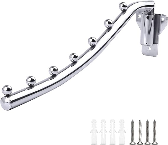 Folding Clothes Hanger Rack Wall Mounted, Stainless Steel Garment Hooks with Swing Arm Holder, Space Saver Clothing Hanging System Closet Storage Organizer with Screws for Bedroom Laundry Room