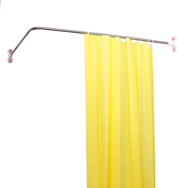BAOYOUNI Curved Shower Curtain Rod Suction Cups L-Shaped Corner Bath Curtain Rail Bar Metal Expandable Pole 102 x (118-180) cm