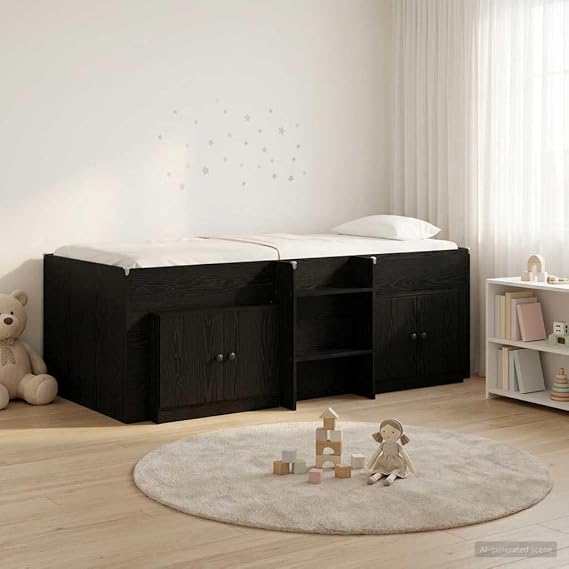 Loft Bed Frame with Storage Cupboard 3 Pieces Black Wood Material Double Bed Cot Space Saving Design for Small Spaces