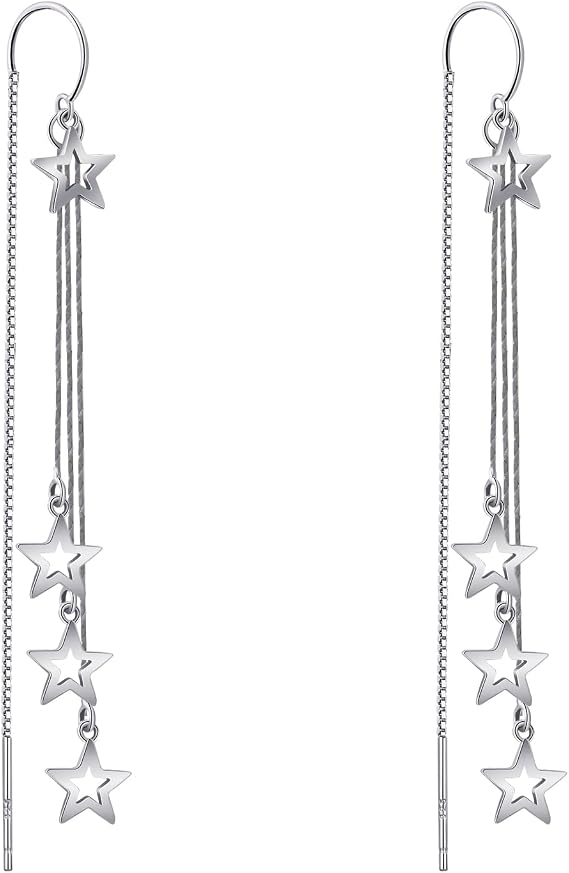 Silver Star Drop Threader Earrings, Long Chain Tassel Design, Hypoallergenic, Gifts for Women