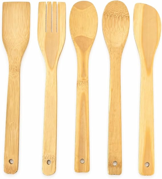5 Parça Bambu Mutfak Kaşık Seti –%100 Doğal, Çizilmeye Karşı Korumalı, Isıya Dayanıklı, Hafif, Ergonomik, Tencere ve Tavalar ile Uyumlu, Sağlıklı ve Çevre Dostu Premium Set