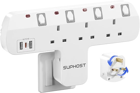 Plug Extension Socket with 180 Degree Rotating UK Plug, 3 Way Multi Plug Adaptor with 2 USB-A & 1 PD 20W USB-C, 13A Fused Plug Adapter with Independent Switches, Multi Socket Plug Extension for Home