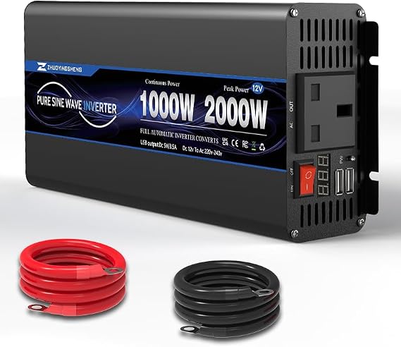 1000W pure sine wave inverter, 12V to 230V/240V vehicle converter, with LED display, 1 UK standard socket, and 2 USB ports, suitable for RVs, trucks, boats, camping, homes, vans, etc