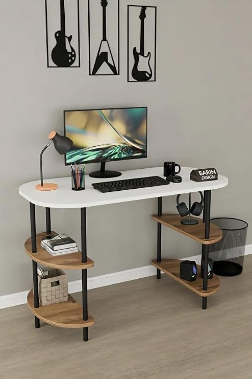 Çok Amaçlı Çalışma Masası - Kitaplıklı Bilgisayar Masası, Ofis Masası, Ders Çalışma Masası, Modern Yazı Masası Beyaz - Atlantik Çam