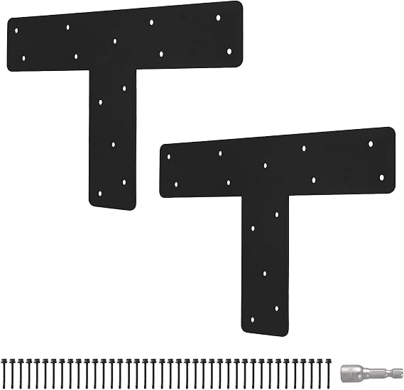 2 Pcs T Shape Flat Bracket 14" x 9.8",T Flat Mending Plate with Black Powder-Coated Joining Brackets, Connecting Brackets, T Shape Strap Plate with Screws for Repair House,Pavilion,Truss framing