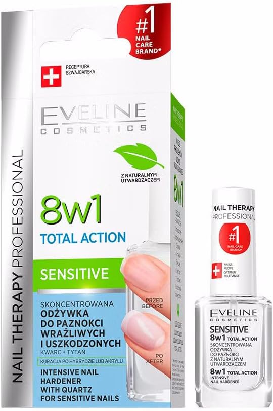 Eveline Cosmetics Nail Therapy Professional 8-in-1 Total Action Sensitive Nail Conditioner - Strengthens, Protects & Nourishes Brittle Nails with Quartz, 12ml
