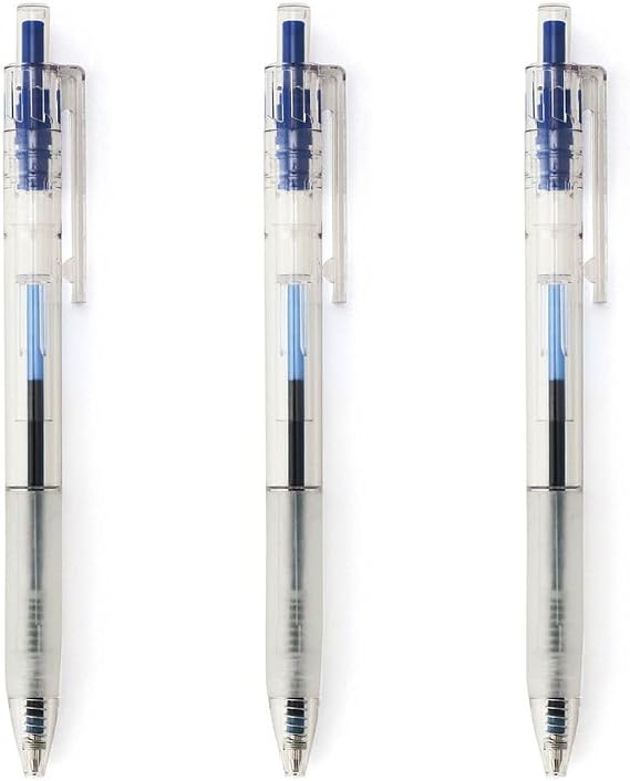 MUJI Polycarbonate Ballpoint Pens, 0.5mm Fine Tip, Rubber Grip, Pack of 3, Black/Red/Blue (Blue)