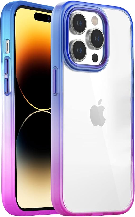 Buff, iPhone 14 Pro Air Bumper Rainbow Kılıf Darbe Önleyici Arkası Şeffaf Gökkuşağı Kapak, Pembe Mavi
