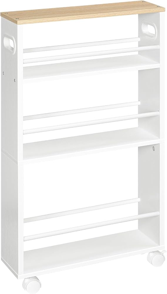 HOOBRO Slim Storage Trolley, Narrow Kitchen Cart for Small Space, Slide Out Kitchen Trolley on Wheels, 4-Tier Rolling Utility Cart with Handle, Living Room, Kitchen, Natural and White EWN15TC01G1