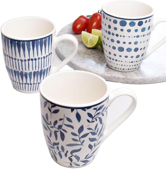 Darthome Set of 6 Mediterranean Mugs 330ml Blue and White Patterned Ceramic Coffee Cups