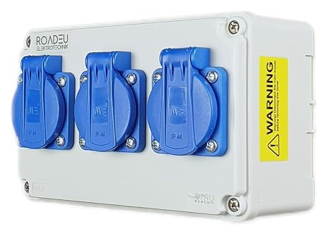 RoadEu - Socket Distributor - 3x Schuko 230 V. Power Distribution Unit IP44 For Indoor and Outdoor Use, Construction Power Distributor 16 A. Outdoor Socket 3x 230V Schuko for Indoor/Outdoor Use
