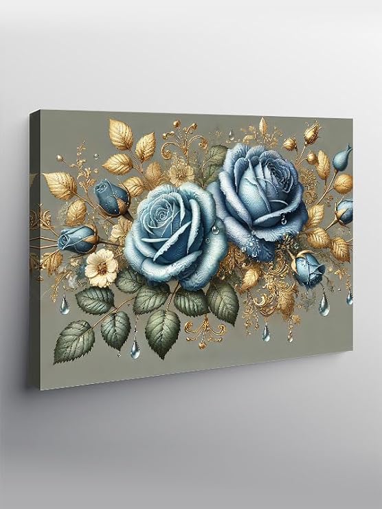 Tablo Mega Kanvas Tablo Altın Çerçevede Mavi Güller YTCNVS505585, 50 x 70