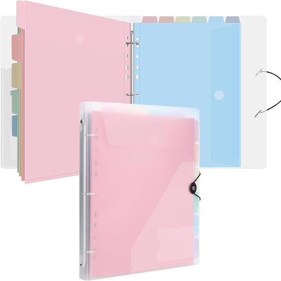 Uquelic Document Folder A4 for Filing Ring Binder A4 Slim with 12 Plastic Document Pockets (6 Colours) Waterproof Folder Organiser (Transparent Macaroon)