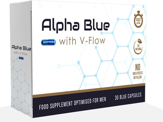Alpha Blue with V Flow | Optimised for Men | 30 Capsules | Fast Acting | All Natural | No Side Effects or Fillers | Ginseng | Ashwagandha | Maca | Ginger | V Pill