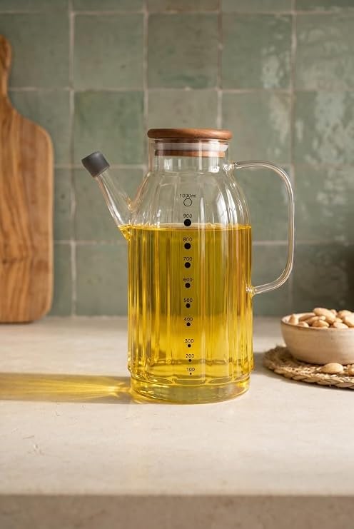Digithome Ölçekli Cam Zeytinyağı Sıvıyağ Yağdanlık Akasya Kapaklı 1000 ML