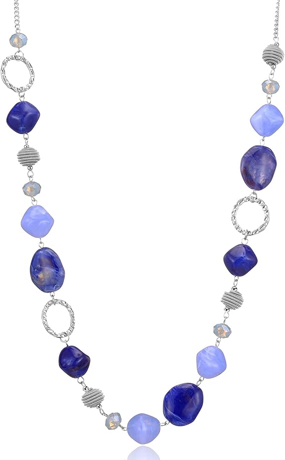 BULINLIN Beaded Long Silver Necklaces for Women, Handmade Statement Sweater Chain Necklace with Crystal Beads for Fashion Jewelry gifts