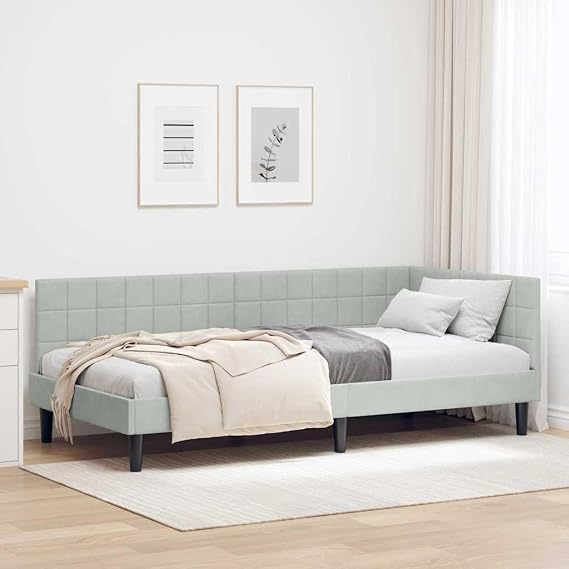 Corner Bed Frame with Headboard, Light Grey Velvet, 90 x 190 cm, L-shaped Design, Versatile Single Bed for Bedroom, Space Saving Furniture