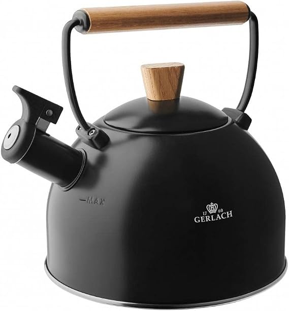 Gerlach Natur Kettle 2.5 L Stainless Steel Whistling Kettle with Oak Wood Handle for Induction Gas Hob Induction Kettle Kettle Kettle for Coffee Tea Black