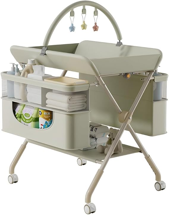 Baby Changing Table,Foldable Baby Changing Unit with Wheels,4 in 1 Nursery Station,Storage Basket & Rail,Space-Saving,for Changing Clothes and Diapers,Green