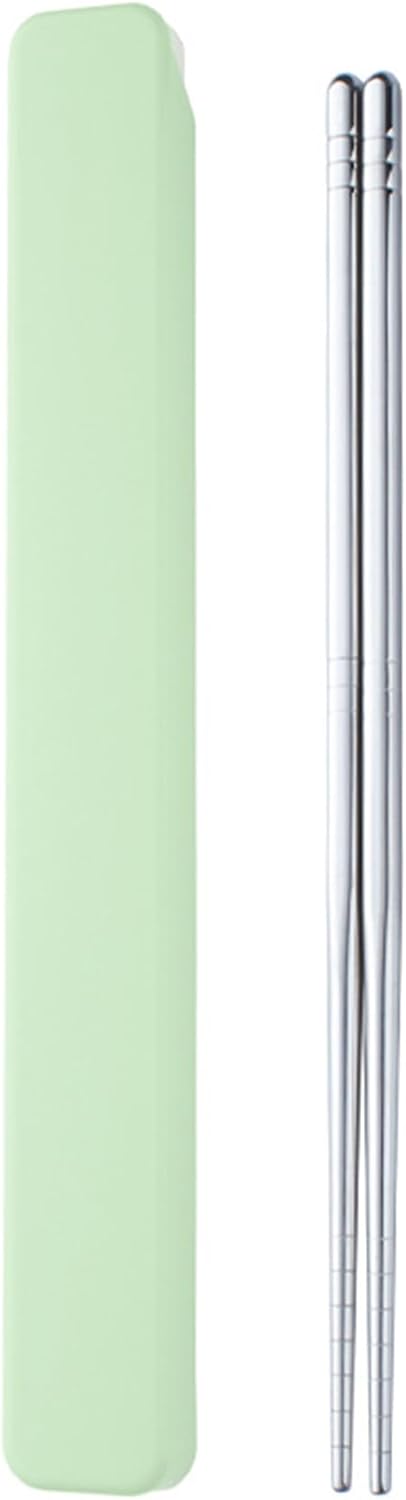 1 Pair Portable Chopsticks with Pull Design Case, Reusable Metal Stainless Steel Chopstick Travel Utensil for School Home Office Outdoor Camp Bento Box Use, Dishwasher Safe (Green)