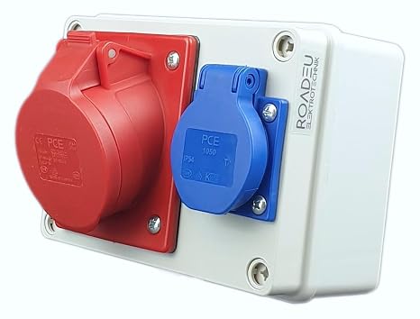 RoadEu CEE Socket Distributor IP44 1x CEE 16A 5P 400V + 1x Schuko 230V Surface-Mounted Power Distributor for Indoor and Outdoor Use Pre-Wired European Components