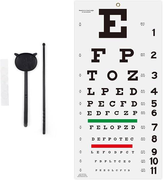 Snellen Visual Acuity Chart with Fixing Sticker (11x22 in) – Ideal for School, Home Use, Includes Eye Occluder, Pointer & 4 Fixation Patches