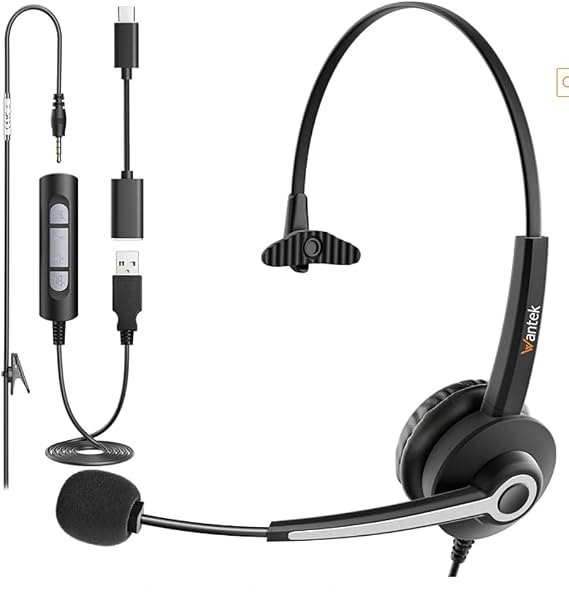Wantek Single Ear Wired Headset with Noise Cancelling Mic - 3-in-1 (3.5mm/Type-C/USB) - Lightweight for Office, Call Center, Business Chat, Laptop & Phone