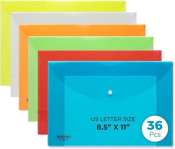FLEXOFFICE Plastic Envelopes with Snap Closure - 36 Pack, 6 Assorted Colors for US Letter A4 Legal Size Poly Filling Envelope Clear File Folder for School Home Work Office