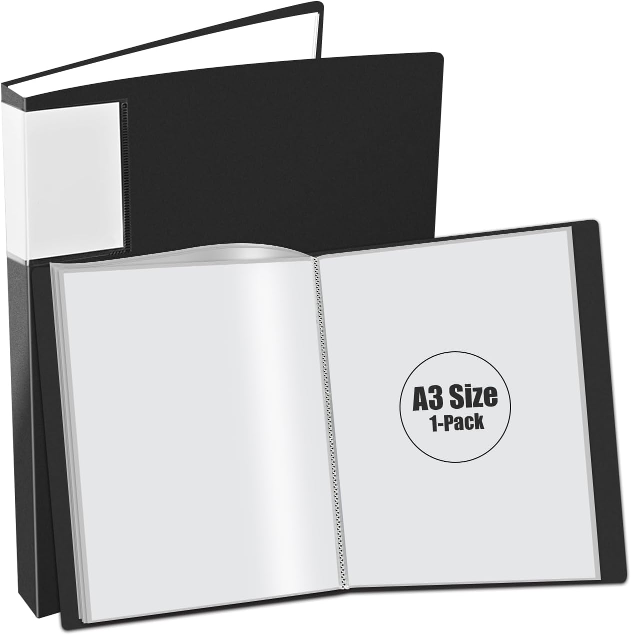 JIKIOU A3 Display Book Folder 40 Pockets Presentation Book with Clear Plastic Sleeves, A3 Storage Book for Painting Artwork Portfolio, Black 43.5x32x2.8cm