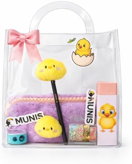 Sevimli Hayvanlar Temalı Kırtasiye Seti/Peluş Kalem Kutusu, HB Kalem, Silgi, Washi Bantlar, Kalemtıraş (Pembe)