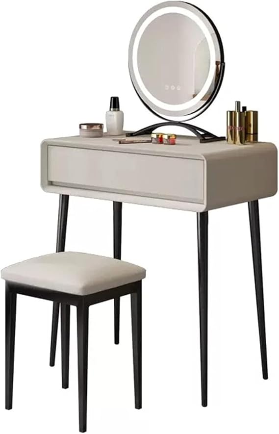 Small dressing table, solid wood dressing table, modern dressing table with round mirror, dressing table set with stool, large capacity storage, suitable for bedroom(Light grey,70cm/27.6in)