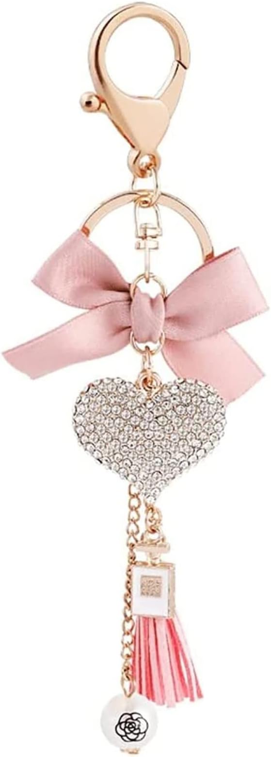 Creative Keychain, Car Key Ring with Cute Crystal Peach Heart, Bow and Tassel Bag Pendant, Gift for Lady Girls(Pink)