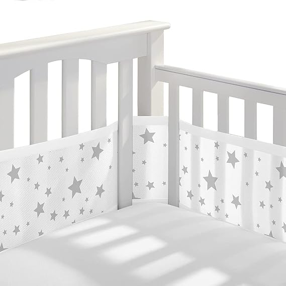 Baby Bed Protector, 4 Sides, Breathable, 3D Mesh Liner, Adjustable, Removable, Suitable for All Kinds of Cribs(Star White)