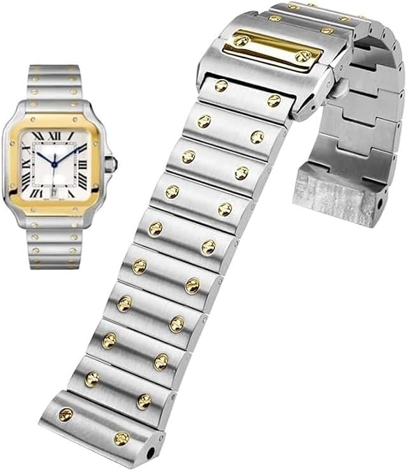 Solid Stainless Steel Men's Wristband Watch Band For Cartier Santos 100 Series Bracelet With Butterfly Buckle Watch Accessories(Silver gold)
