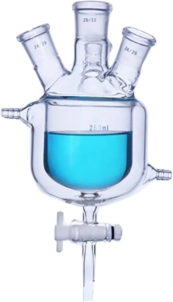 2000ml Four-hole Double-layer Jacketed Reactor Double-layer Jacketed Beaker Reaction Flask PTFE Discharge Valve(500ml 29X24X24X24)