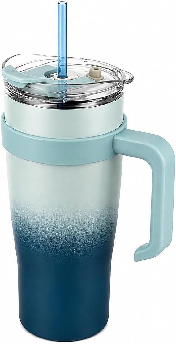 Paslanmaz Çelik,%100 Sızdırmaz, Çift Katmanlı, Pipetli, Saplı Termos Bardak, Termal Matara 1000 ml (Mavi)