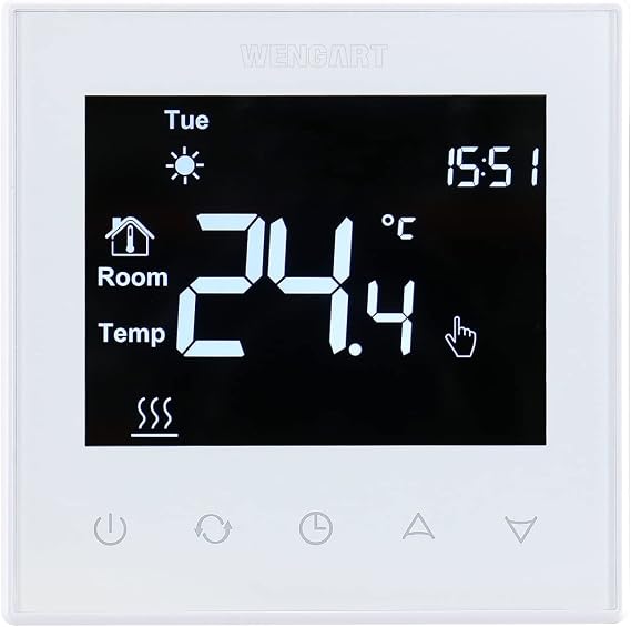 Wengart 16A Electric Underfloor Heating Thermostat WG505, 7-Day Programmable LCD Touch Screen Room Stat, Dual Sensor with 3m Floor Probe, Black Modern Wall Controller for Heating Mats & Cables