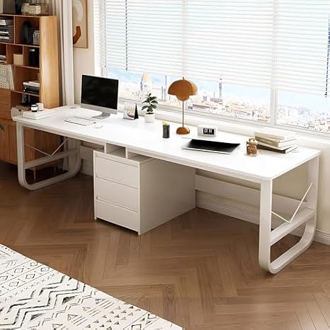 Large Two Person Desk with Drawers - Double Gaming Computer Desk Workstation, Wood Writing Study Table, Long Desk for 2 People, for Home Office - Natural Color