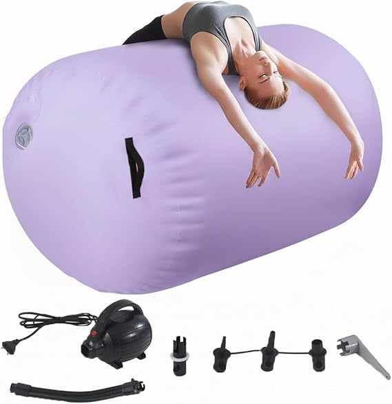 Inflatable Air Roller 60/75/90cm Air Barrel Gymnastics Mat Back Handspring Mat with Electric Air Pump for Home Use Training/Yoga/Water Gymnastics Tumbling Mat w/Purple/Pink/Blue