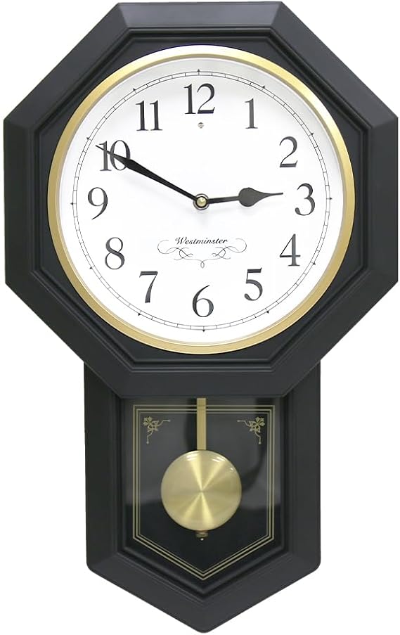 BESTIME 66236D Plastic Pendulum Clock. Sturdy Black Frame. Westminster Chime Every Hour,Elegant,Traditional Schoolhouse,Home,Office,Living Room,Bedroom.