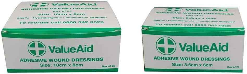 Value Aid Adhesive Wound Dressings - 10cm x 8cm - Box of 25 & Adhesive Wound Dressings - 8.6cm x 6cm - Box of 25