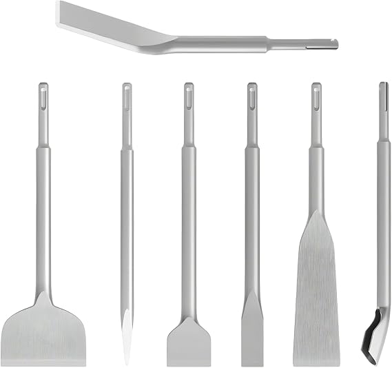 YOUNTHYE 7Pcs SDS Plus Chisel Set, Including Tile, Grooving, Scraping, Flat, Point, Scaling, and Angled Chisels for Impact and Rotary Hammers