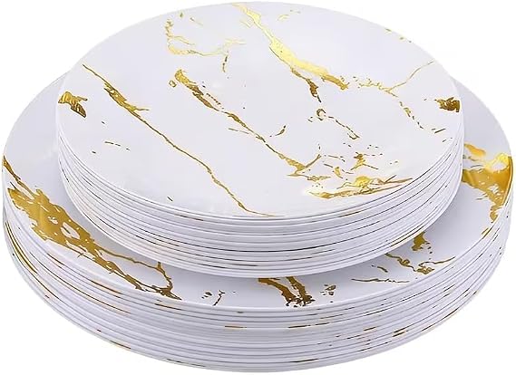 20pc Gold Plastic Plates Set - Marble Dinner Reusable Plates -10pcs 10inch, 10pcs 8inch Reusable Tableware for Weddings, Birthdays, Parties & Christmas