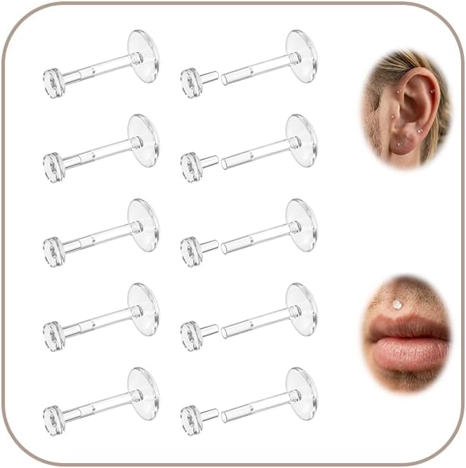 AceFun Bioflex Clear Earrings Plastic Earrings for Sports Work School Clear Piercing Jewelry Labret Studs for Ears 6mm 8mm 10mm Cartilage Helix Tragus Lip 18g Flat Push-In Piercing Retainers
