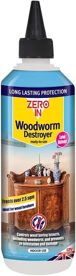 Zero In Woodworm Destroyer – 500 ml Wood Preservative Ready-to-Use Kills Woodworm, Longhorn, Furniture Beetles, and Termites Prevents Reinfestation and Damage to Wooden Furniture and Timber