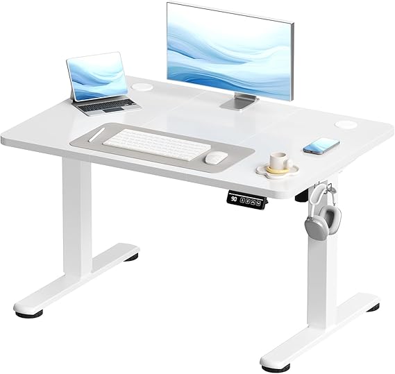 Devoko Electric Standing Desk 100x60cm Sit Stand Table Height Adjustable Desk with Backpack Hook and Memory Smart Panel, Home OfficeTable with Splice Board, White