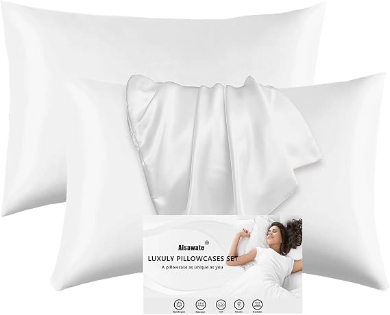 2 Pack White Satin Pillowcases for Hair and Skin, Softer than Silk Pillow Case，Luxurious and Silky Standard Pillow Cases with Envelope Closure, 40x60 cm