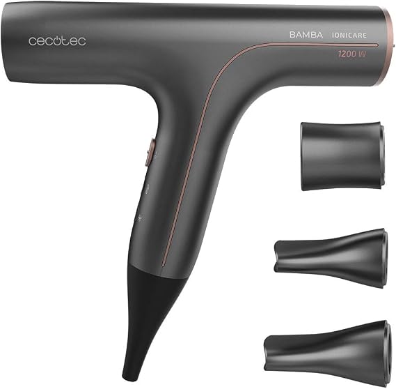 Cecotec Bamba Ionicare 6000 RockStar Soft Hair Dryer, Low Consumption, 1200W, Digital Motor with Real Ions, Extreme Protect, Self-Cleaning Function, Silent, Includes 3 Nozzles Grey