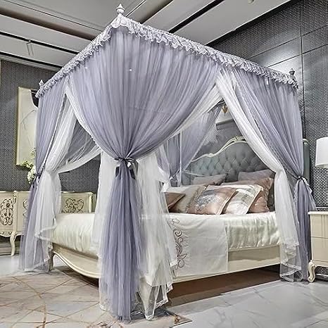 4 Corners Post Princess Mosquito Net Curtains Bed Canopy for Girls Curtain- Double Layer Sheer Mesh Canopies Drapes Girls Room Decor (Sliver-grey, 53 X 78 X 78cm(Width X Length X Height))