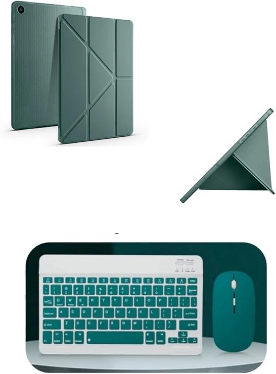 Galaxy A11+ Plus Uyumlu Standlı Tablet Kılıfı + Kablosuz Klavye Mouse Set (Koyu yeşil)